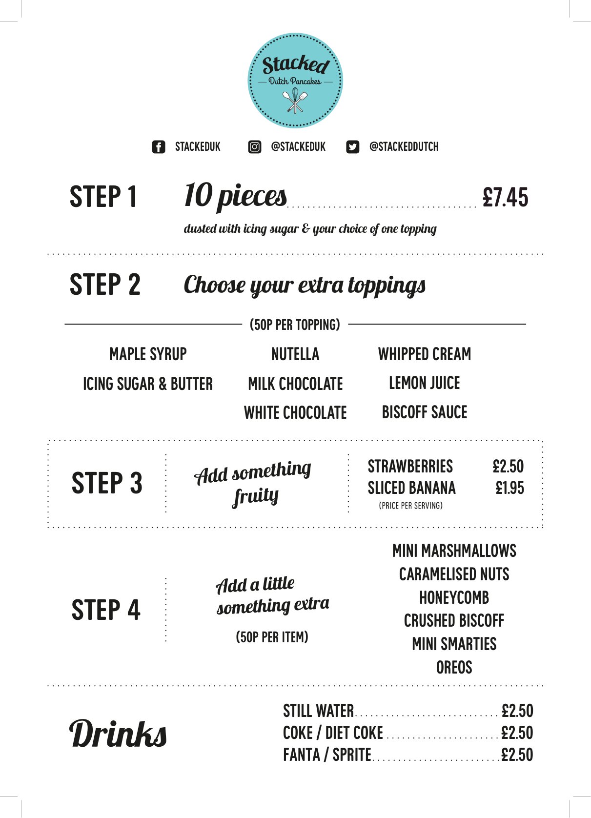 The new Stacked Southbank menu for 2026 — 10 pieces £7.45, extra toppings 50p, fresh fruit, and a little something extra
